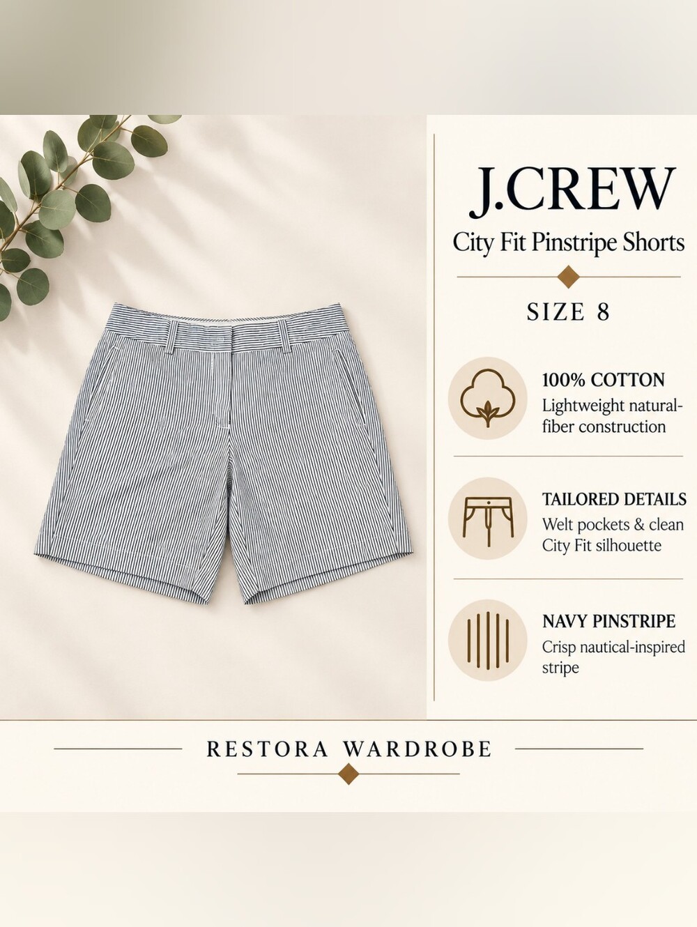 J.Crew City Fit Shorts Navy White Pinstripe Cotton Size 8 Coastal Preppy